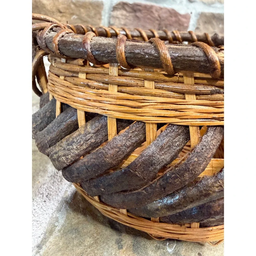 Rustic Handwoven Grapevine and Wicker Basket with Natural Branch Handle Brown